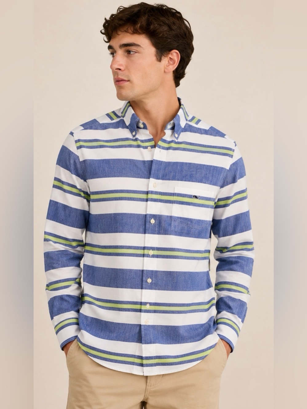 Vineyard Vines Tucker Shirt Men’s Small Blue White Green Stripe Linen Blend